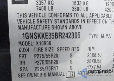 2011 Chevrolet Suburban 1500 Ltz z USA, uszkodzony, nr VIN 1GNSKKE35BR242306